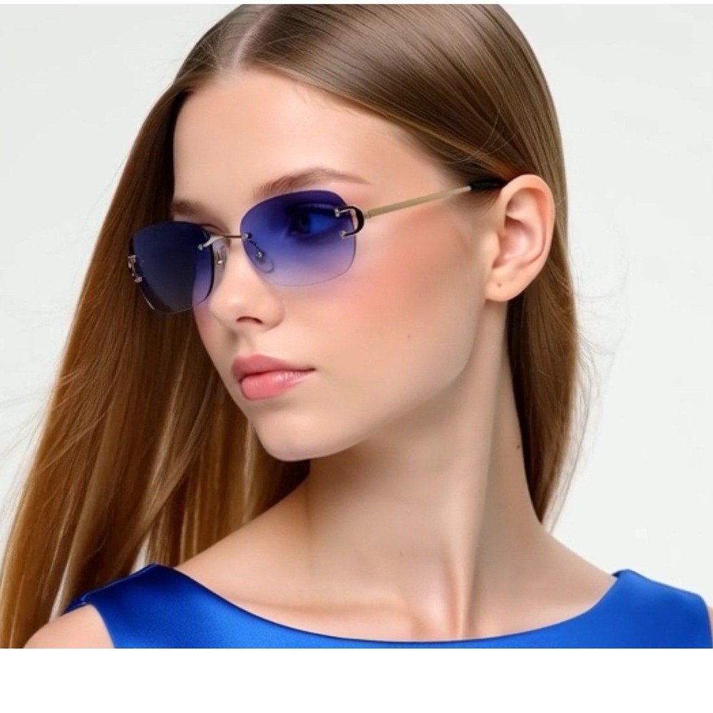 Rimless Sunglasses Women Gold Frame‎ Gradient Oceanic Blue Lens Fashion Shades
